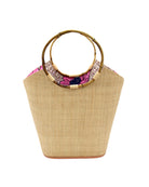 Carmen Natural Straw Bucket Bag with Bamboo Handles handmade loomed raffia in a solid hue of natural straw color with assorted African print fabric liner handbag - Shebobo