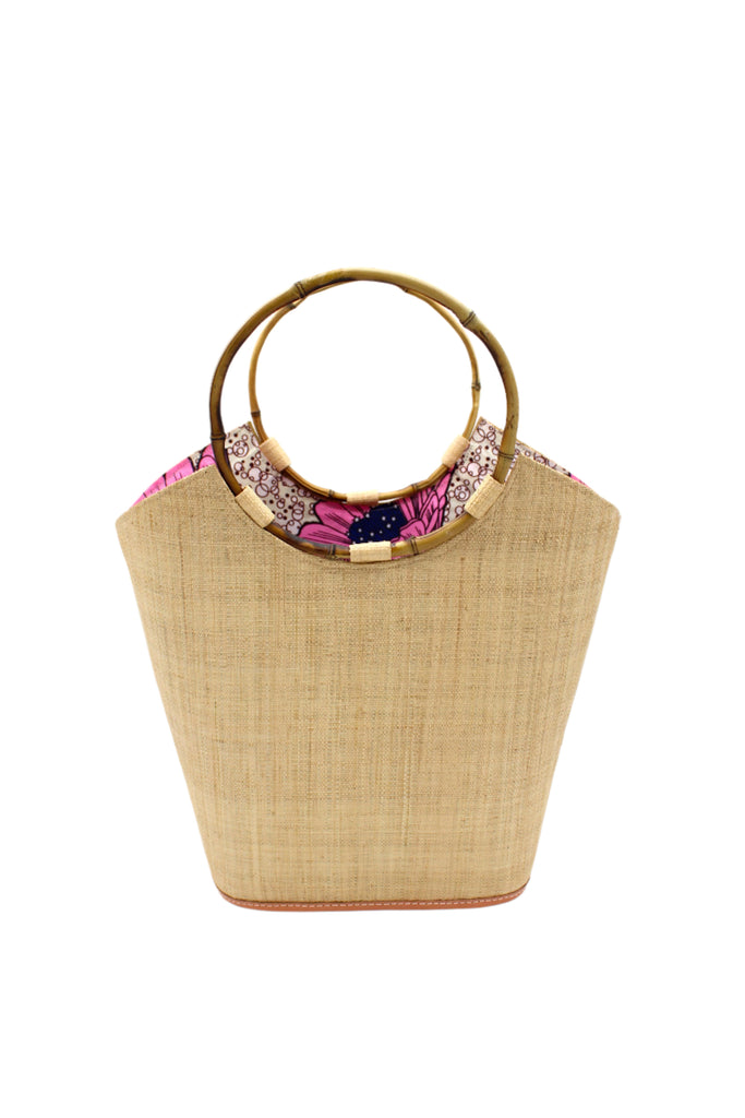 Carmen Natural Straw Bucket Bag with Bamboo Handles handmade loomed raffia in a solid hue of natural straw color with assorted African print fabric liner handbag - Shebobo