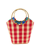 Carmen Straw Bucket Bag with Bamboo Handles Red Gingham handmade loomed raffia in a two tone multicolor plaid pattern of natural straw color, and red with assorted liners of African print fabric purse handbag - Shebobo