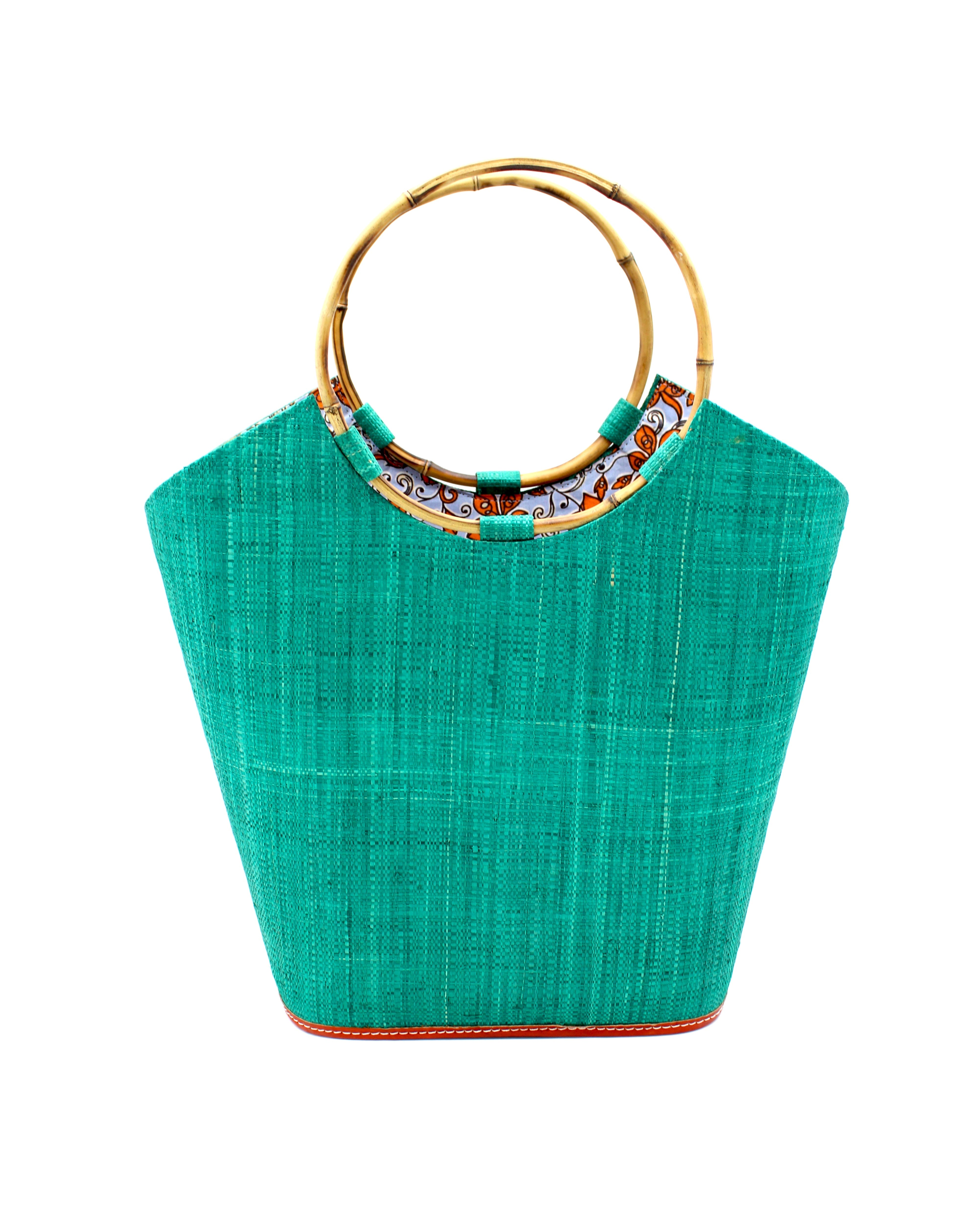 Carmen Teal Straw Bucket Bag with Bamboo Handles handmade loomed raffia in a solid hue of teal blue/green with assorted African print fabric liner handbag - Shebobo