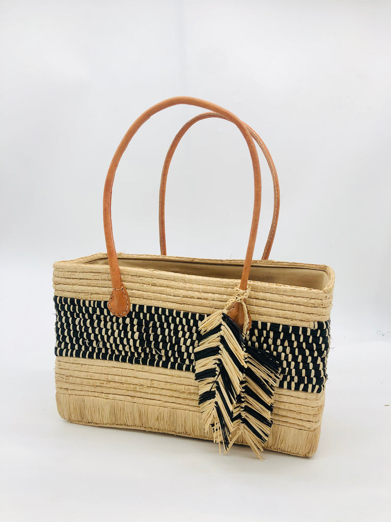 Charleston Crochet Rectangle Straw Handbag handmade raffia purse - horizontal stripe pattern of solid natural top, black with natural stitching center, and solid natural base - with two tone black and natural Macrame Feather Charm Embellishment and leather handles - Shebobo