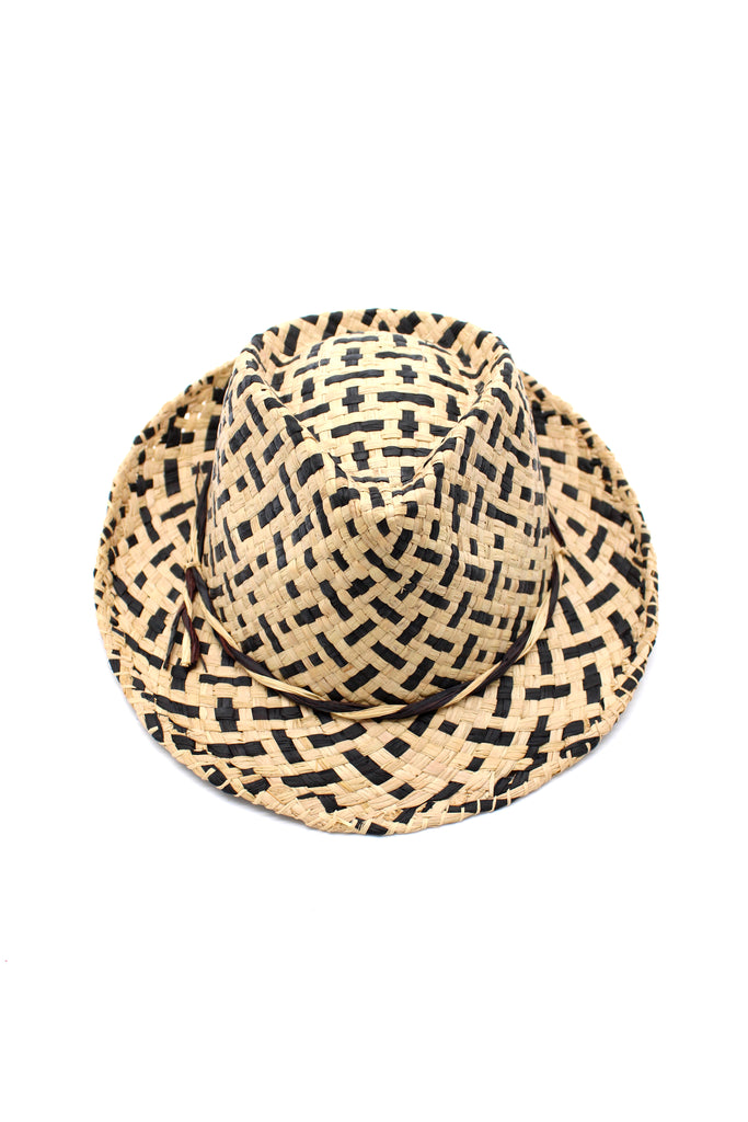 Charlie Grey - Unisex Fedora Straw Hats handmade woven raffia palm fiber in a two tone crosshatch pattern of grey and natural straw color pinched crown structured narrow brim with looped edging and matching raffia twist hat band - Shebobo