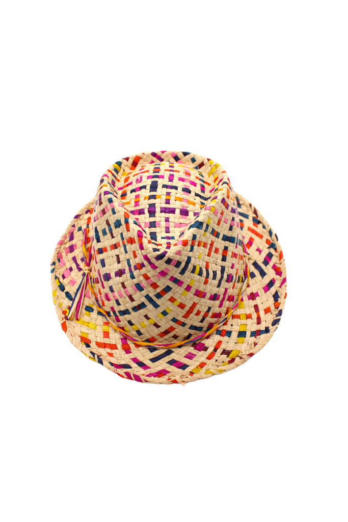 Charlie Confetti Multi - Unisex Fedora Straw Hats handmade woven raffia palm fiber in a multicolor crosshatch pattern of natural straw color, fuchsia pink, coral orange/red, purple, saffron yellow, yellow, pink, turquoise blue, bordeaux red, etc. pinched crown structured narrow brim with looped edging and matching raffia twist hat band - Shebobo