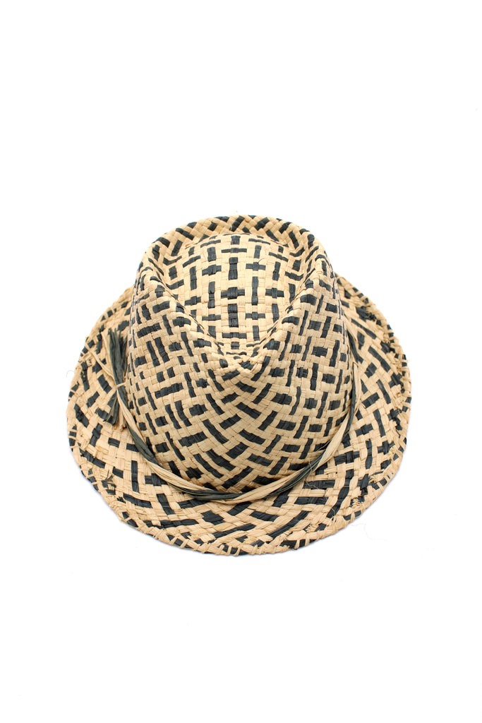 Charlie Black - Unisex Fedora Straw Hats handmade woven raffia palm fiber in a two tone crosshatch pattern of black and natural straw color pinched crown structured narrow brim with looped edging and matching raffia twist hat band - Shebobo