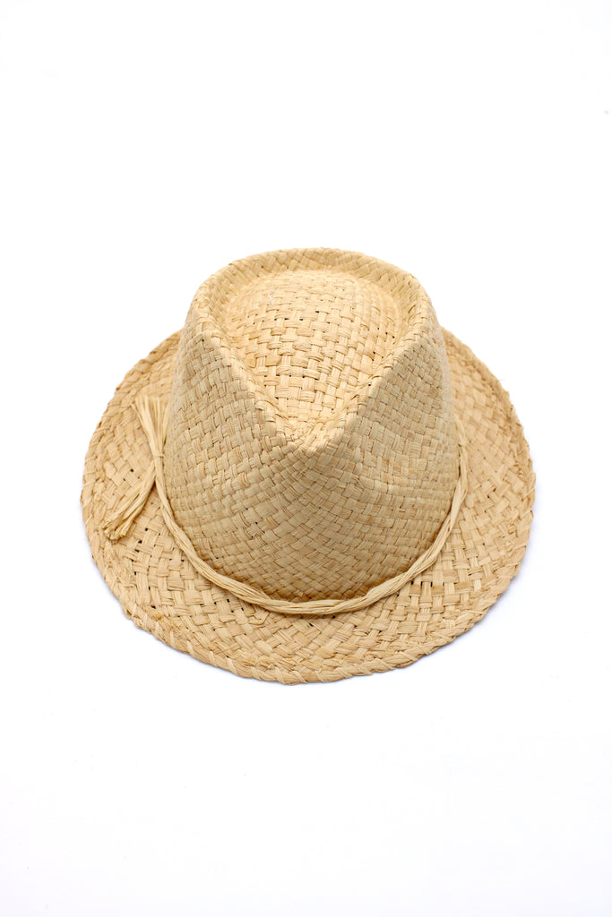 Charlie Natural - Unisex Fedora Straw Hats handmade woven raffia palm fiber in a solid tone crosshatch pattern of natural straw color pinched crown structured narrow brim with looped edging and matching raffia twist hat band - Shebobo