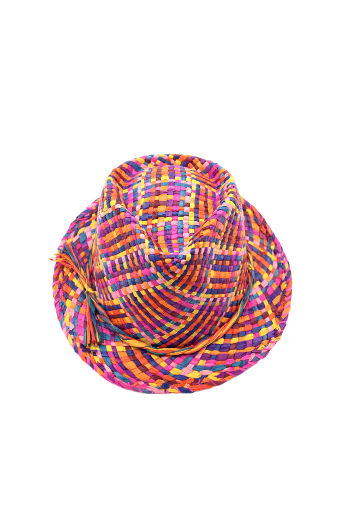 Charlie Raspberry Multi - Unisex Fedora Straw Hats handmade woven raffia palm fiber in a multicolor crosshatch pattern of fuchsia pink, coral orange/red, orchid purple, saffron yellow, yellow, pink, turquoise blue, black, etc. pinched crown structured narrow brim with looped edging and matching raffia twist hat band - Shebobo