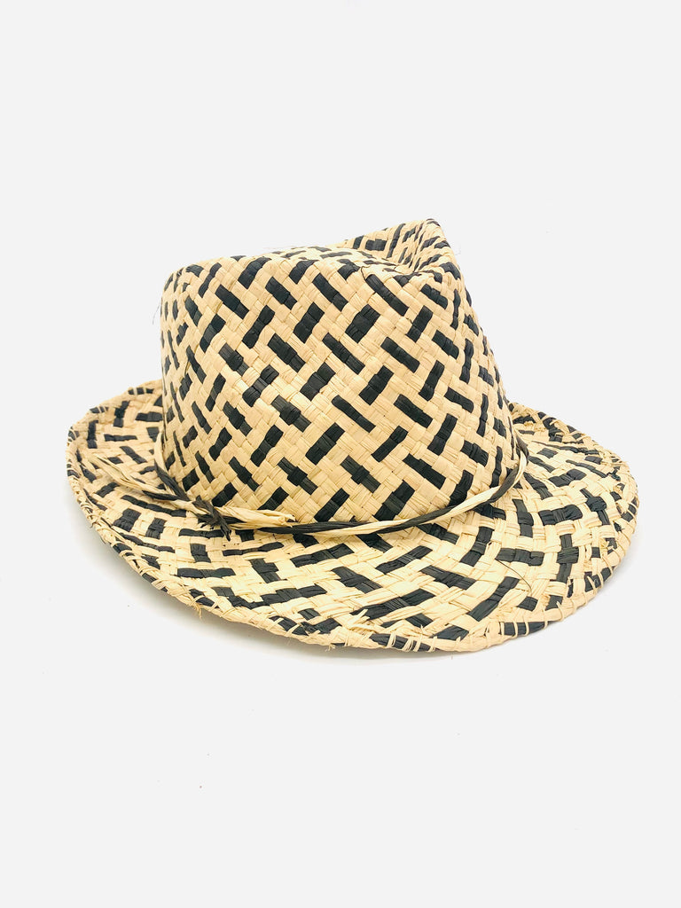Charlie Black - Unisex Fedora Straw Hats handmade woven raffia palm fiber in a two tone crosshatch pattern of black and natural straw color pinched crown structured narrow brim with looped edging and matching raffia twist hat band - Shebobo