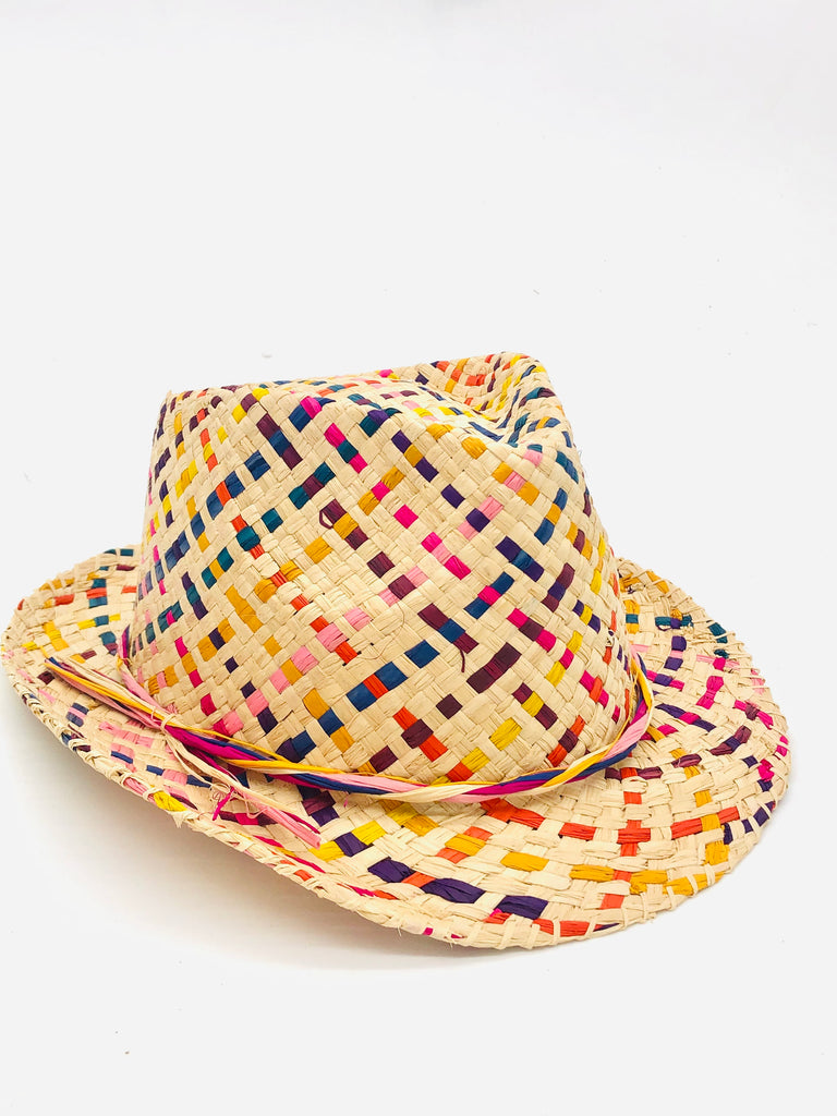 Charlie Confetti Multi - Unisex Fedora Straw Hats handmade woven raffia palm fiber in a multicolor crosshatch pattern of natural straw color, fuchsia pink, coral orange/red, purple, saffron yellow, yellow, pink, turquoise blue, bordeaux red, etc. pinched crown structured narrow brim with looped edging and matching raffia twist hat band - Shebobo