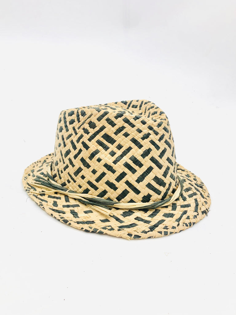 Charlie Grey - Unisex Fedora Straw Hats handmade woven raffia palm fiber in a two tone crosshatch pattern of grey and natural straw color pinched crown structured narrow brim with looped edging and matching raffia twist hat band - Shebobo
