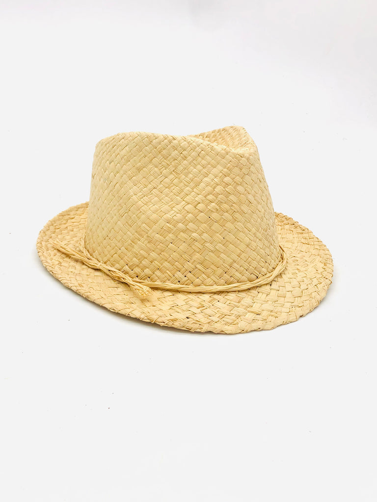 Charlie Natural - Unisex Fedora Straw Hats handmade woven raffia palm fiber in a solid tone crosshatch pattern of natural straw color pinched crown structured narrow brim with looped edging and matching raffia twist hat band - Shebobo