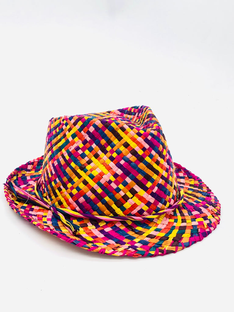 Charlie Raspberry Multi - Unisex Fedora Straw Hats handmade woven raffia palm fiber in a multicolor crosshatch pattern of fuchsia pink, coral orange/red, orchid purple, saffron yellow, yellow, pink, turquoise blue, black, etc. pinched crown structured narrow brim with looped edging and matching raffia twist hat band - Shebobo