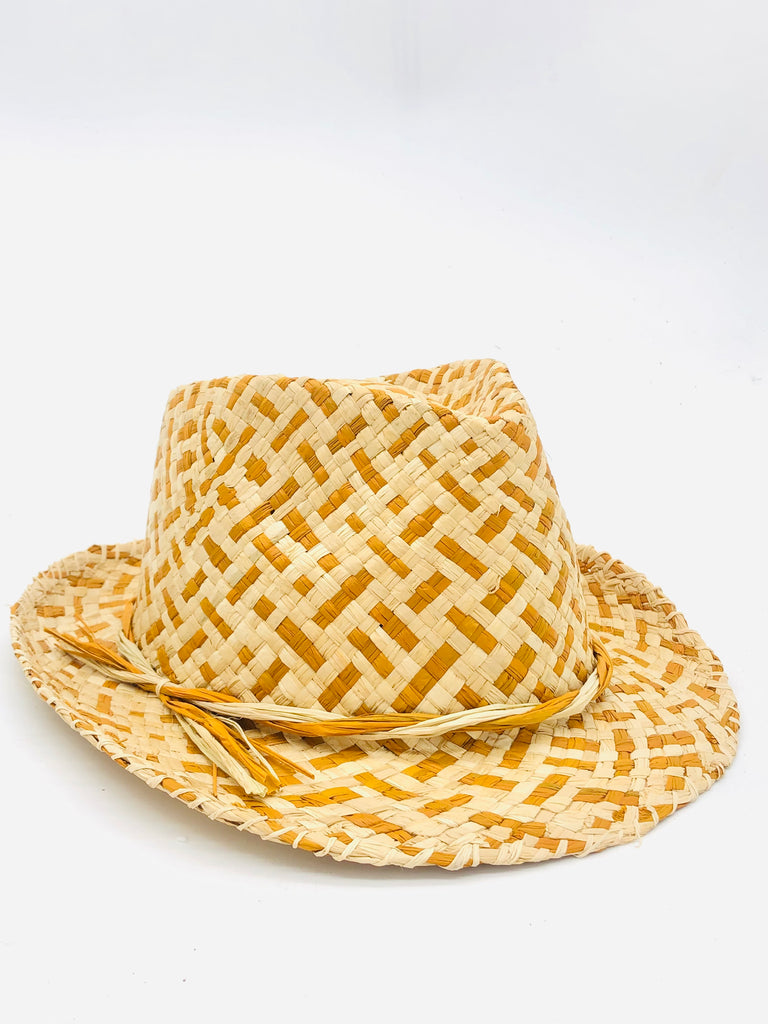 Charlie Cinnamon Two Tone - Unisex Fedora Straw Hats handmade woven raffia palm fiber in a two tone crosshatch pattern of cinnamon/tobacco/brown and natural straw color pinched crown structured narrow brim with looped edging and matching raffia twist hat band - Shebobo