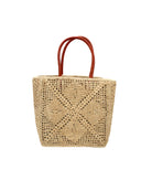 Cheval Lace Square Pattern Crochet Straw Basket Bag handmade from natural raffia palm fiber in a lace square geometric diamond pattern with triangle detailing textile in a natural straw color with leather handles handbag purse beach bag tote- Shebobo
