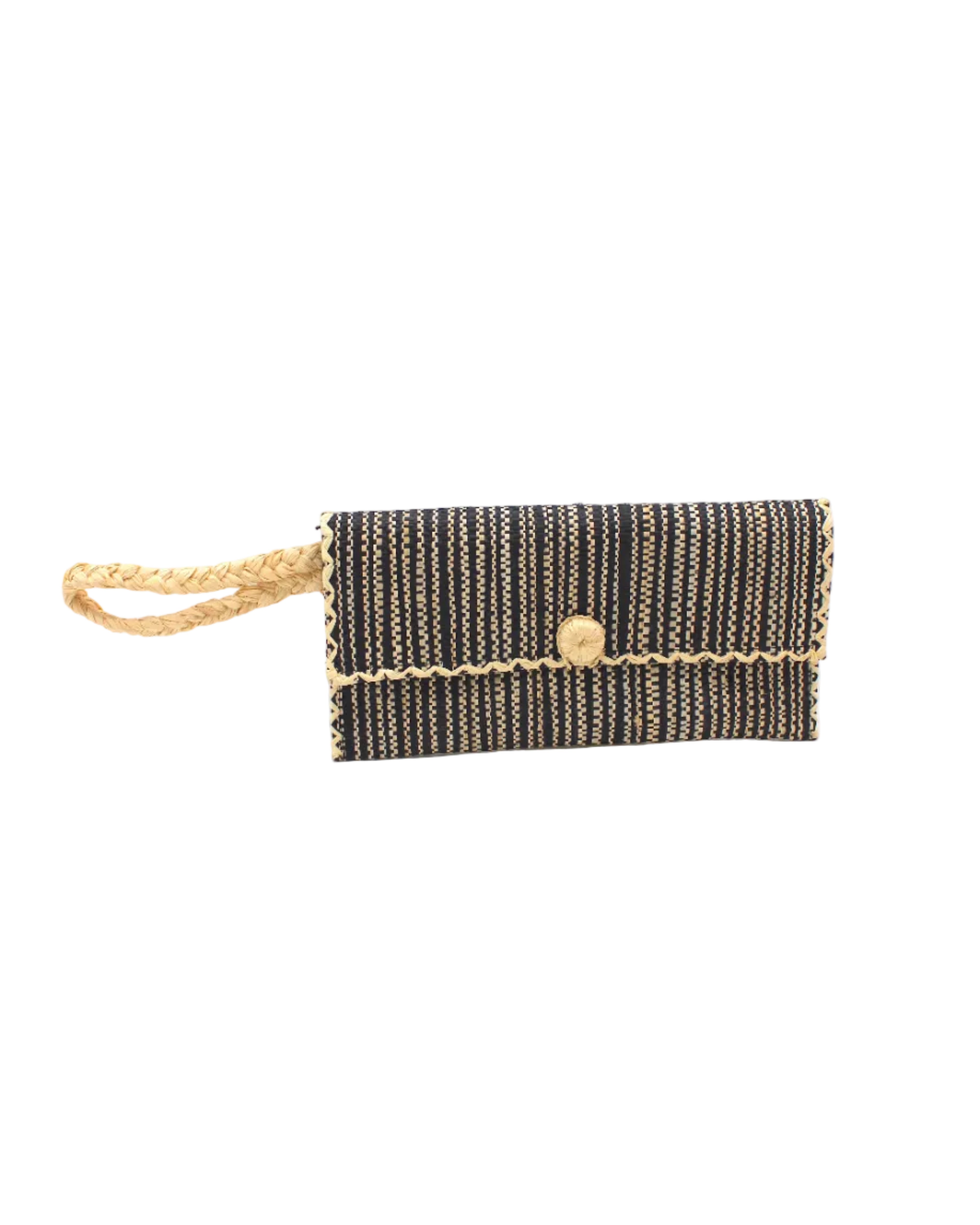 ChiChi Two Tone Melange Multicolor Straw Clutch Bag handmade loomed raffia palm fiber wristlet in vertical heathered/blended stripe pattern of black and natural straw color with matching color cross stitch edging, button & loop closure, and braided wrist strap - Shebobo