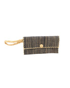 ChiChi Two Tone Melange Multicolor Straw Clutch Bag handmade loomed raffia palm fiber wristlet in vertical heathered/blended stripe pattern of black and natural straw color with matching color cross stitch edging, button & loop closure, and braided wrist strap - Shebobo