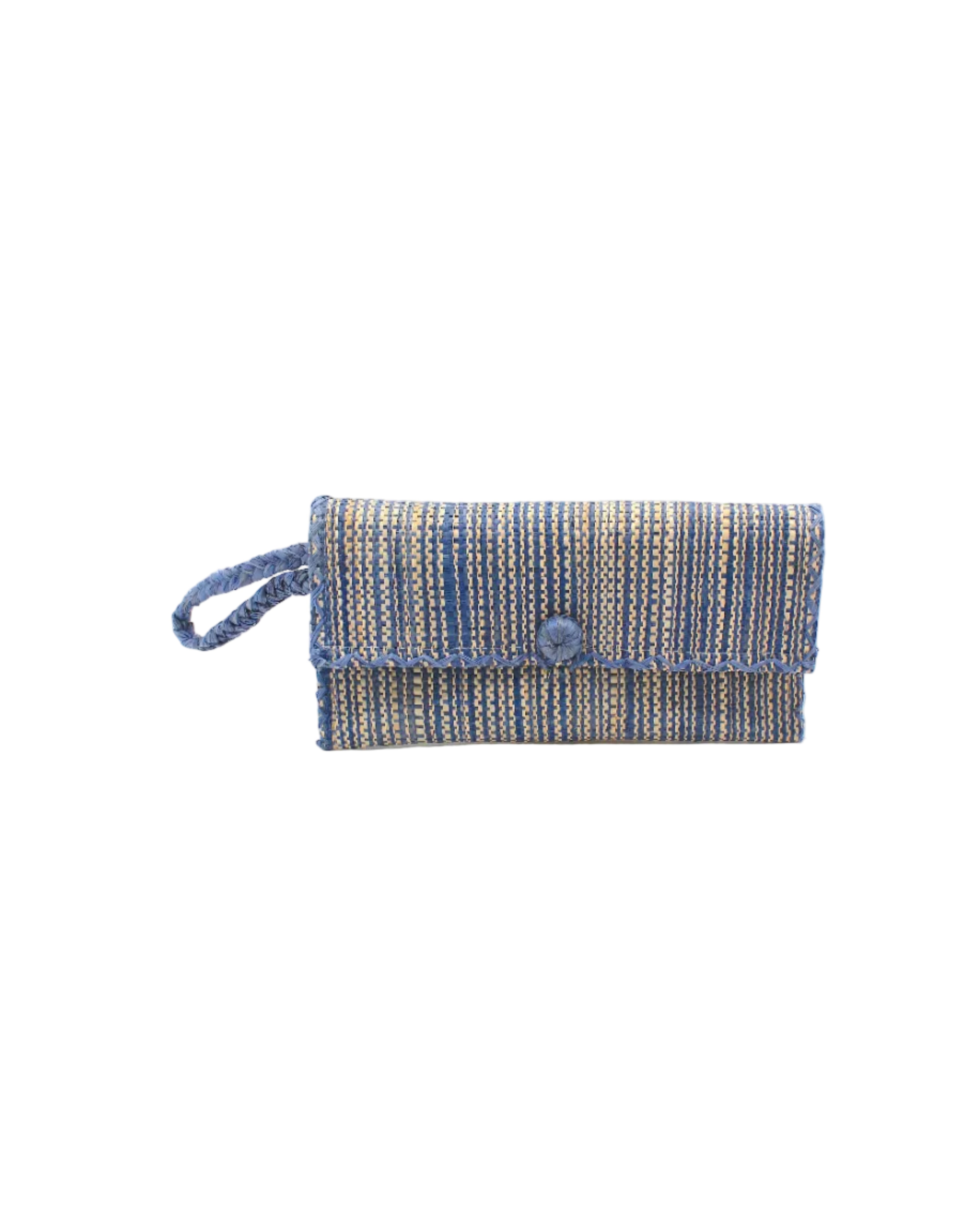 ChiChi Two Tone Melange Multicolor Straw Clutch Bag handmade loomed raffia palm fiber wristlet in vertical heathered/blended stripe pattern of denim light/retro/blue and natural straw color with matching color cross stitch edging, button & loop closure, and braided wrist strap - Shebobo
