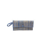 ChiChi Two Tone Melange Multicolor Straw Clutch Bag handmade loomed raffia palm fiber wristlet in vertical heathered/blended stripe pattern of denim light/retro/blue and natural straw color with matching color cross stitch edging, button & loop closure, and braided wrist strap - Shebobo