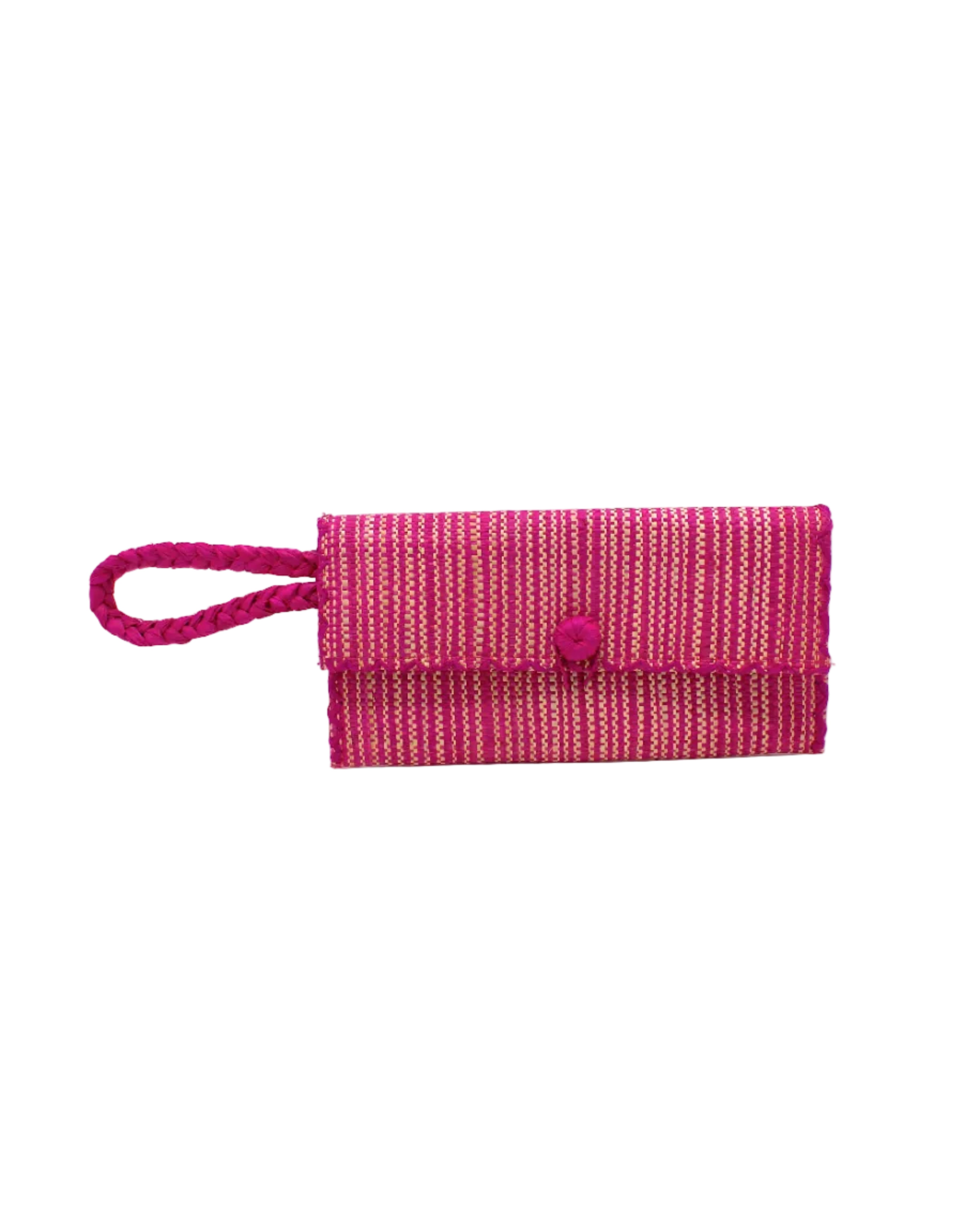 ChiChi Two Tone Melange Multicolor Straw Clutch Bag handmade loomed raffia palm fiber wristlet in vertical heathered/blended stripe pattern of fuchsia hot/bright/barbie/pink and natural straw color with matching color cross stitch edging, button & loop closure, and braided wrist strap - Shebobo