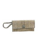ChiChi Two Tone Melange Multicolor Straw Clutch Bag handmade loomed raffia palm fiber wristlet in vertical heathered/blended stripe pattern of gray and natural straw color with matching color cross stitch edging, button & loop closure, and braided wrist strap - Shebobo