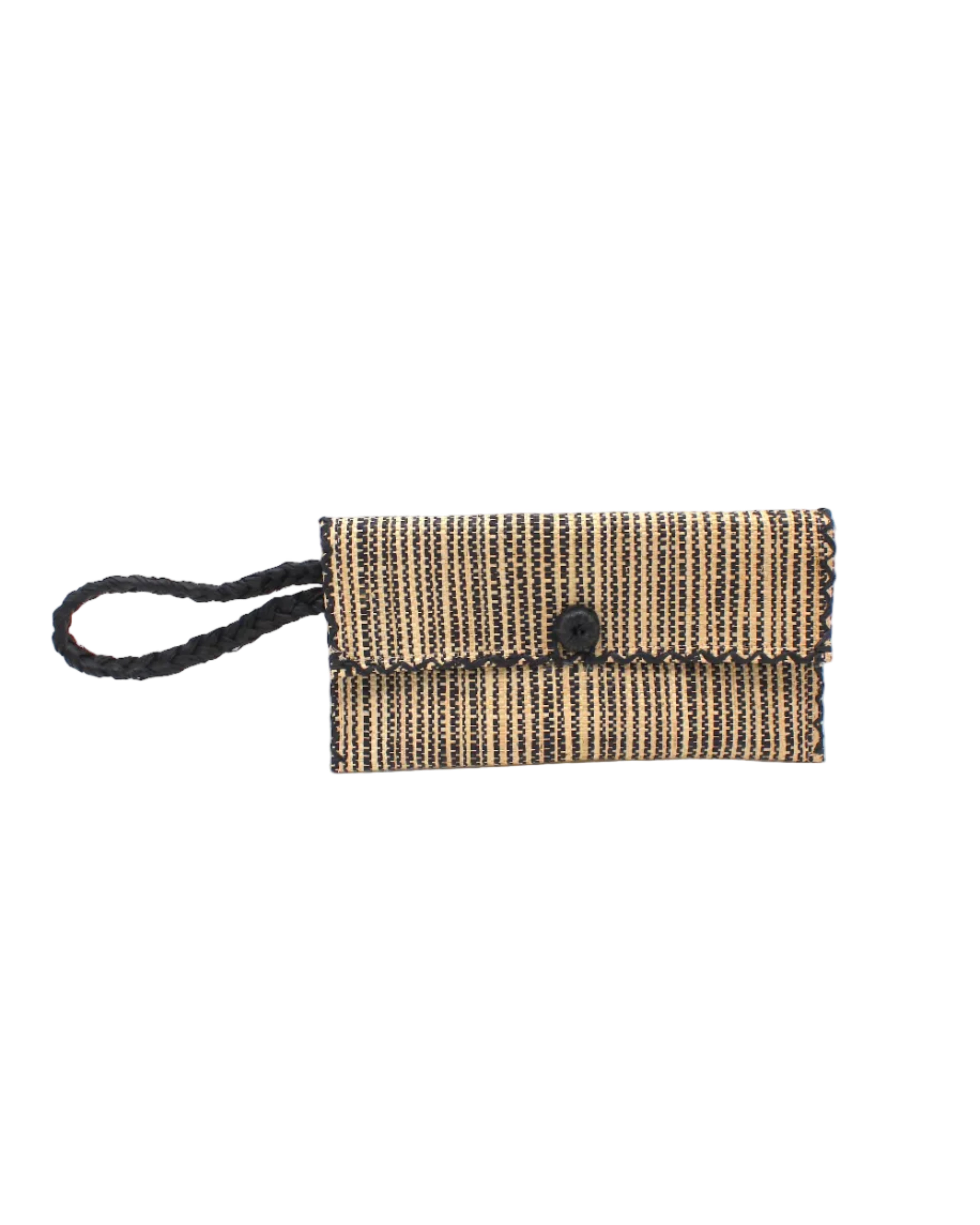 ChiChi Two Tone Melange Multicolor Straw Clutch Bag handmade loomed raffia palm fiber wristlet in vertical heathered/blended stripe pattern of natural straw color and black with matching color cross stitch edging, button & loop closure, and braided wrist strap - Shebobo