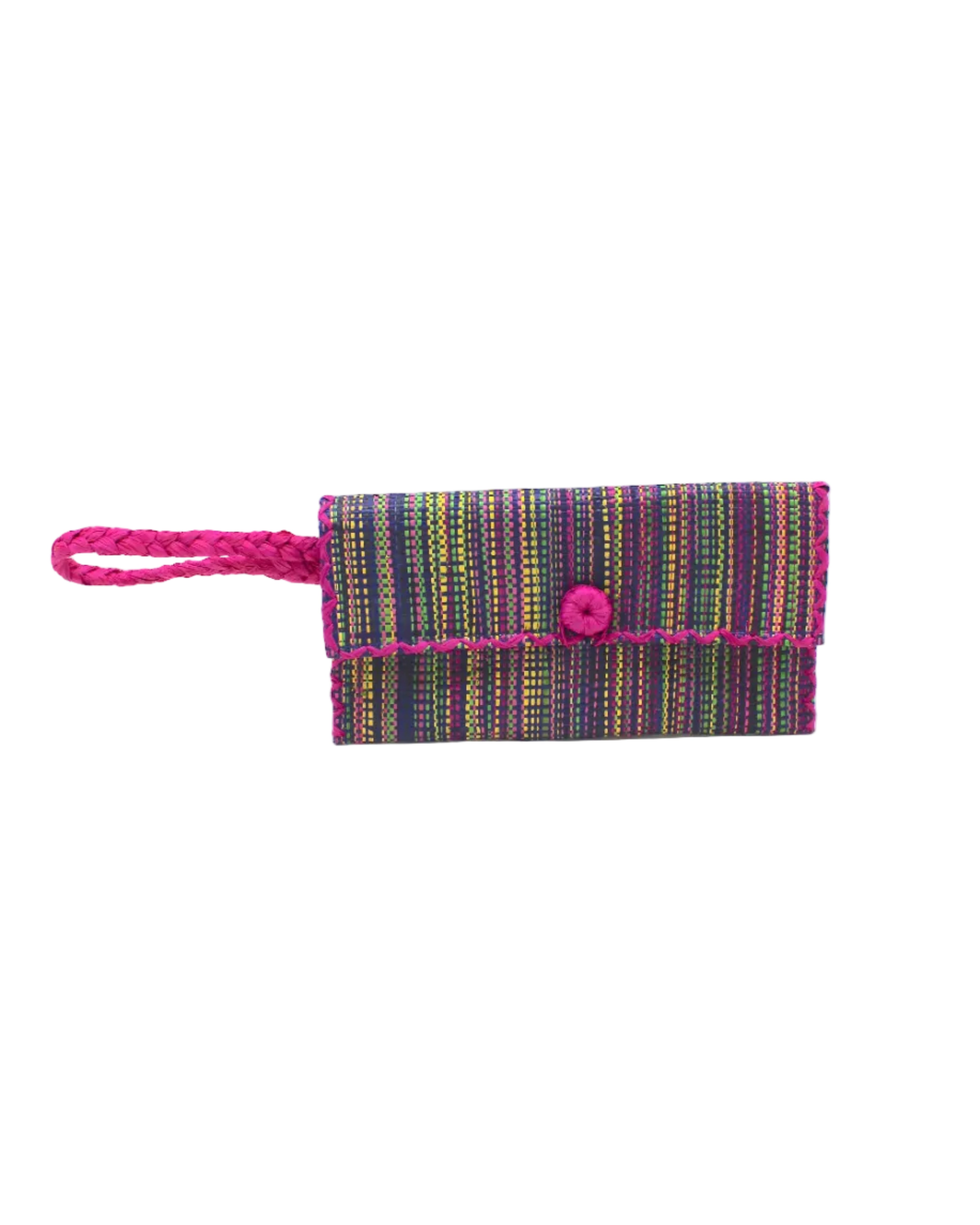 ChiChi Multicolor Melange Multicolor Straw Clutch Bag handmade loomed raffia palm fiber wristlet in vertical heathered/blended stripe pattern of orchid pink/purple, navy dark/blue, fuchsia bright/pink, yellow, midori lime/green, light pink, etc. with matching color cross stitch edging, button & loop closure, and braided wrist strap - Shebobo