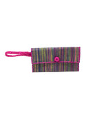 ChiChi Multicolor Melange Multicolor Straw Clutch Bag handmade loomed raffia palm fiber wristlet in vertical heathered/blended stripe pattern of orchid pink/purple, navy dark/blue, fuchsia bright/pink, yellow, midori lime/green, light pink, etc. with matching color cross stitch edging, button & loop closure, and braided wrist strap - Shebobo