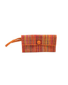 ChiChi Multicolor Melange Multicolor Straw Clutch Bag handmade loomed raffia palm fiber wristlet in vertical heathered/blended stripe pattern of saffron orange/yellow, midori lime/green, fuchsia bright/pink, coral orange/red, dusk navy/dark/blue, and natural straw color with matching color cross stitch edging, button & loop closure, and braided wrist strap - Shebobo