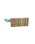 ChiChi Multicolor Melange Multicolor Straw Clutch Bag handmade loomed raffia palm fiber wristlet in vertical heathered/blended stripe pattern of seafoam light/blue/green, yellow, fuchsia bright/pink, navy dark/blue, coral orange/red, tobacco dark/brown, black, and natural straw color with matching color cross stitch edging, button & loop closure, and braided wrist strap - Shebobo