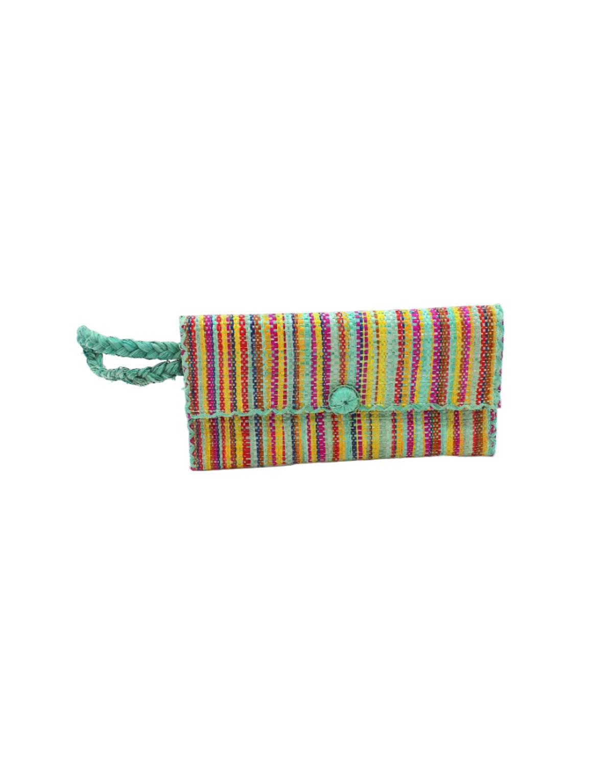 ChiChi Multicolor Melange Multicolor Straw Clutch Bag handmade loomed raffia palm fiber wristlet in vertical heathered/blended stripe pattern of seafoam light/blue/green, yellow, fuchsia bright/pink, navy dark/blue, coral orange/red, tobacco dark/brown, black, and natural straw color with matching color cross stitch edging, button & loop closure, and braided wrist strap - Shebobo