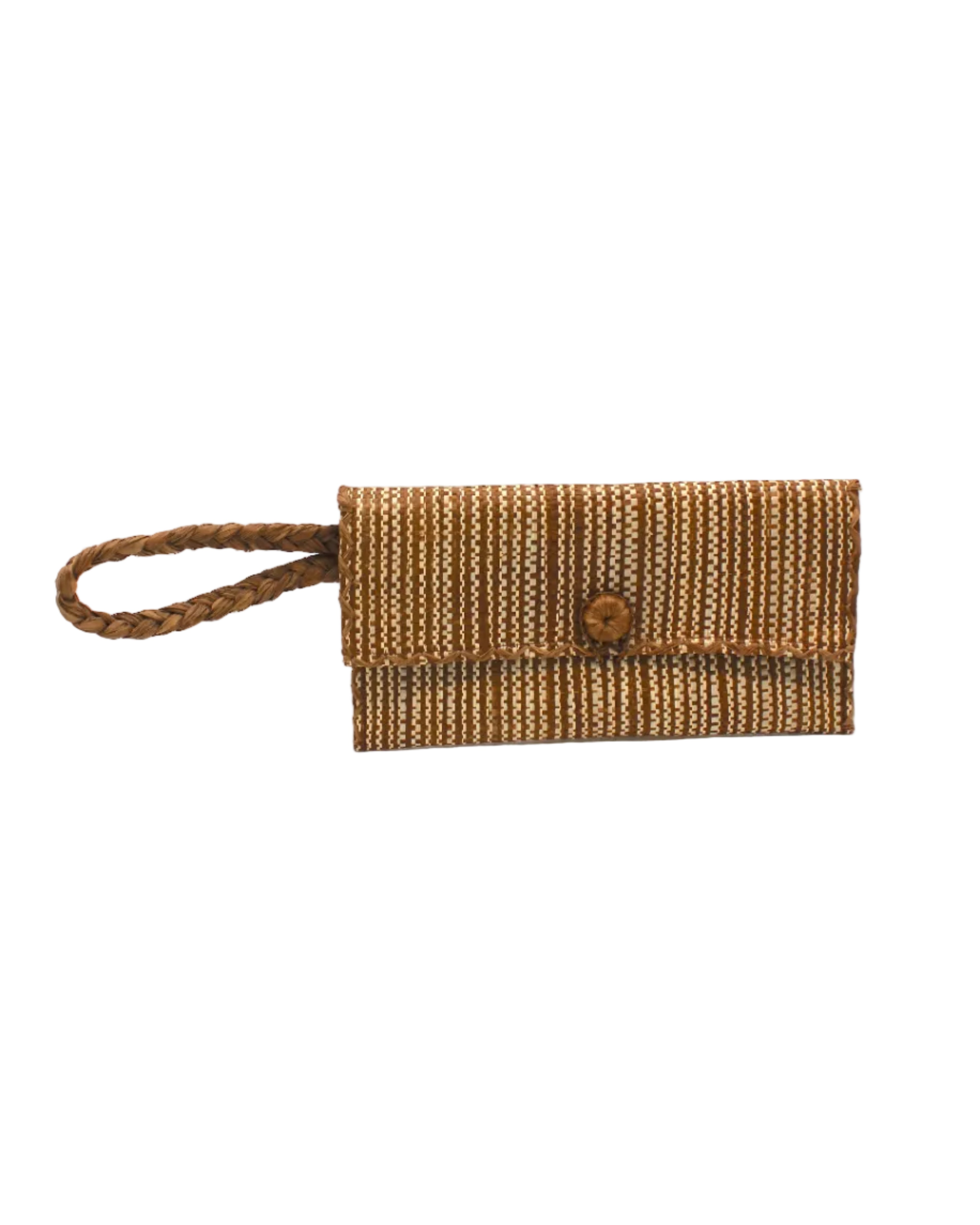 ChiChi Two Tone Melange Multicolor Straw Clutch Bag handmade loomed raffia palm fiber wristlet in vertical heathered/blended stripe pattern of tobacco dark/cinnamon/brown and natural straw color with matching color cross stitch edging, button & loop closure, and braided wrist strap - Shebobo