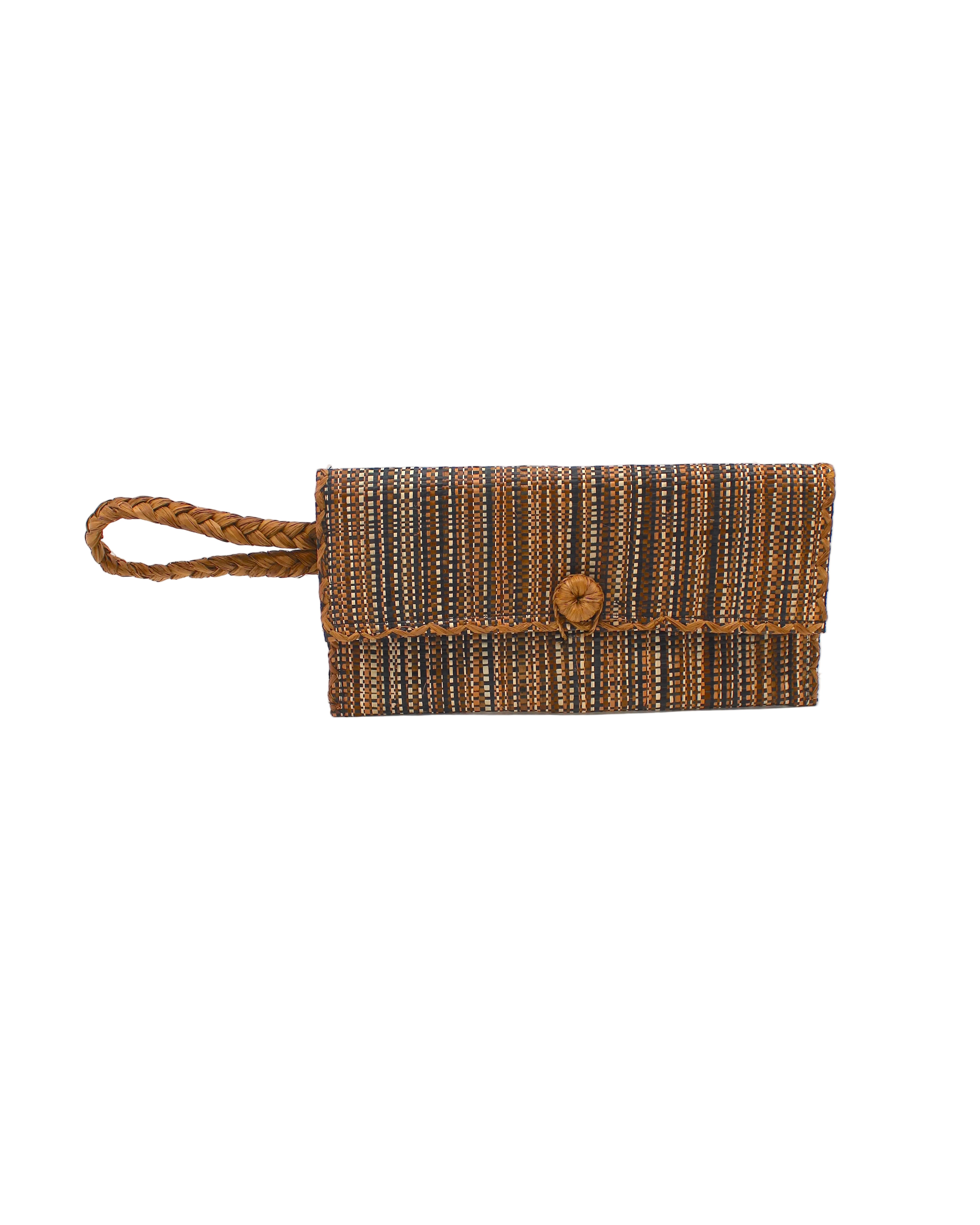 ChiChi Multicolor Melange Multicolor Straw Clutch Bag handmade loomed raffia palm fiber wristlet in vertical heathered/blended stripe pattern of tobacco dark/cinnamon/brown, whisky red/brown, espresso chocolate/dark/brown, black, and natural straw color with matching color cross stitch edging, button & loop closure, and braided wrist strap - Shebobo