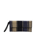 ChiChi Black Swirl Multicolor Straw Clutch Bag handmade loomed raffia palm fiber wristlet in multi-width bands of black, grey, and natural that create a vertical stripe pattern with black color cross stitch edging, button & loop closure, and braided wrist strap - Shebobo