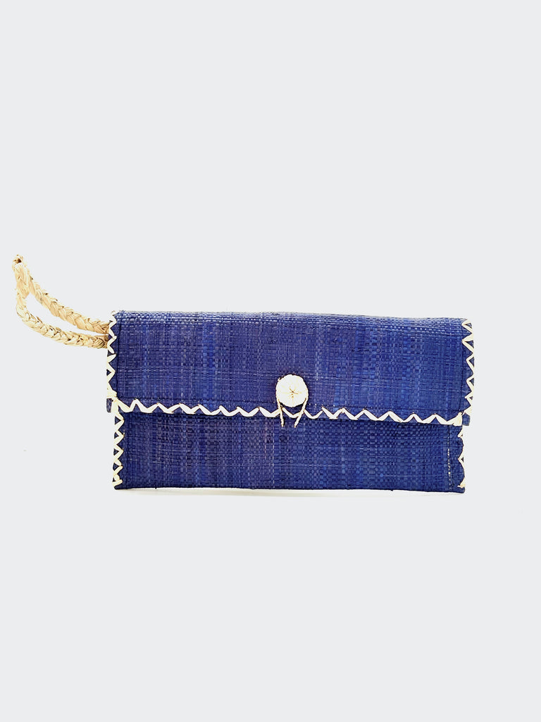 ChiChi Blue Straw Clutch Bag handmade loomed raffia palm fiber wristlet in navy blue color with natural straw color cross stitch edging, button & loop closure, and braided wrist strap - Shebobo