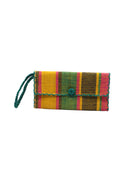 ChiChi Carmalita Swirl Multicolor Straw Clutch Bag handmade loomed raffia palm fiber wristlet in multi-width bands of black, saffron yellow, teal blue/green, and fuchsia pink that create a vertical stripe pattern with teal color cross stitch edging, button & loop closure, and braided wrist strap - Shebobo