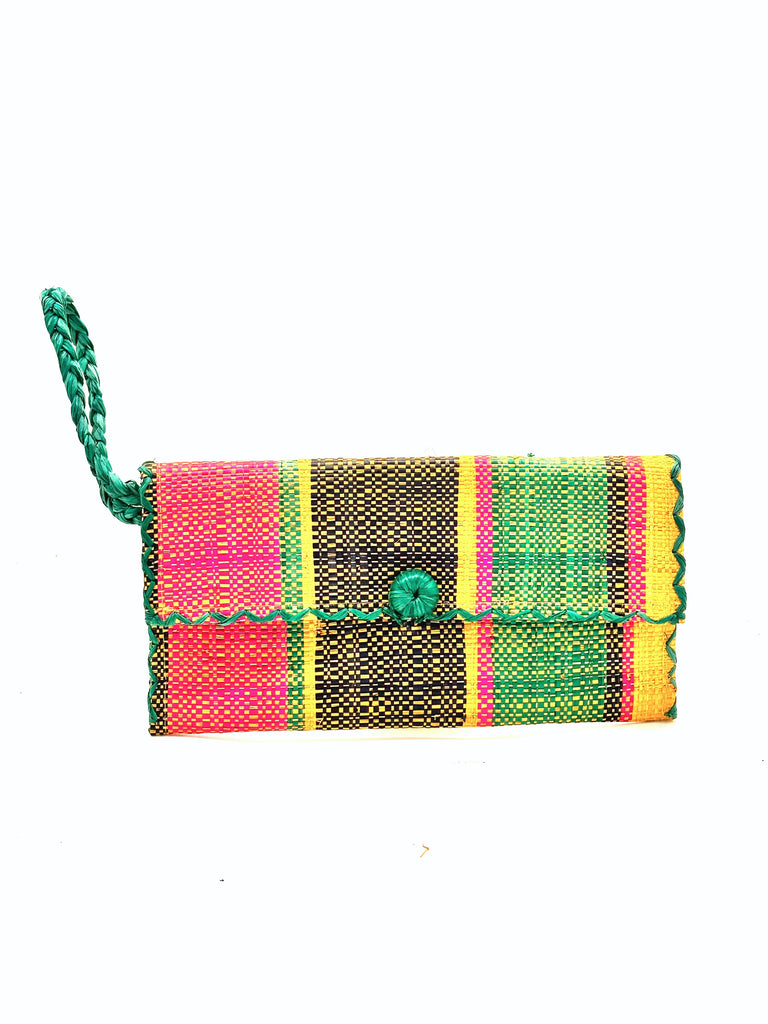 ChiChi Carmalita Swirl Multicolor Straw Clutch Bag handmade loomed raffia palm fiber wristlet in multi-width bands of black, saffron yellow, teal blue/green, and fuchsia pink that create a vertical stripe pattern with teal color cross stitch edging, button & loop closure, and braided wrist strap - Shebobo