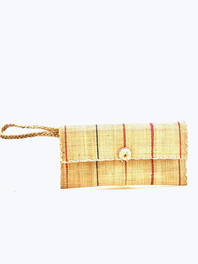 ChiChi Multi Pinstripes Straw Clutch Bag handmade loomed raffia palm fiber wristlet in wide bands of natural and narrow bands of fuchsia pink, coral orange/red, and navy blue that make a vertical pinstripe pattern with natural straw color cross stitch edging, button & loop closure, and braided wrist strap - Shebobo