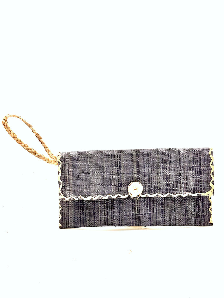 ChiChi Grey Straw Clutch Bag handmade loomed raffia palm fiber wristlet in grey color with natural straw color cross stitch edging, button & loop closure, and braided wrist strap - Shebobo