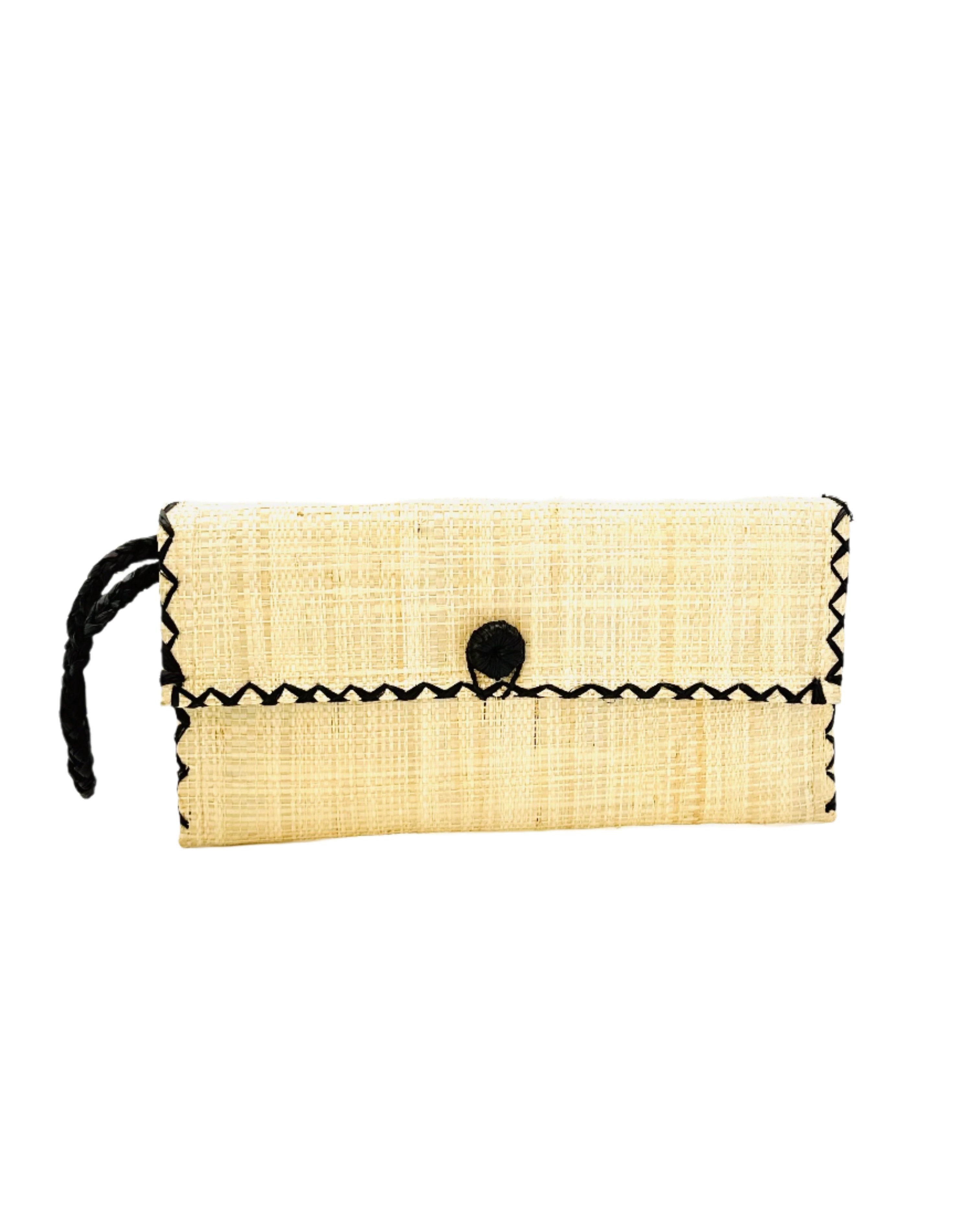 ChiChi Natural Straw Clutch Bag handmade loomed raffia palm fiber wristlet in natural straw color with black cross stitch edging, button & loop closure, and braided wrist strap - Shebobo