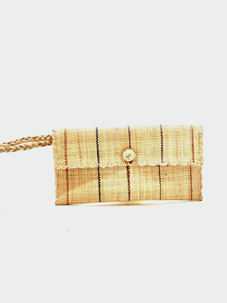 ChiChi Neutrals Pinstripes Straw Clutch Bag handmade loomed raffia palm fiber wristlet in wide bands of natural and narrow bands of blush orange/pink, cinnamon/tobacco/brown, grey, and black that make a vertical pinstripe pattern with natural straw color cross stitch edging, button & loop closure, and braided wrist strap - Shebobo
