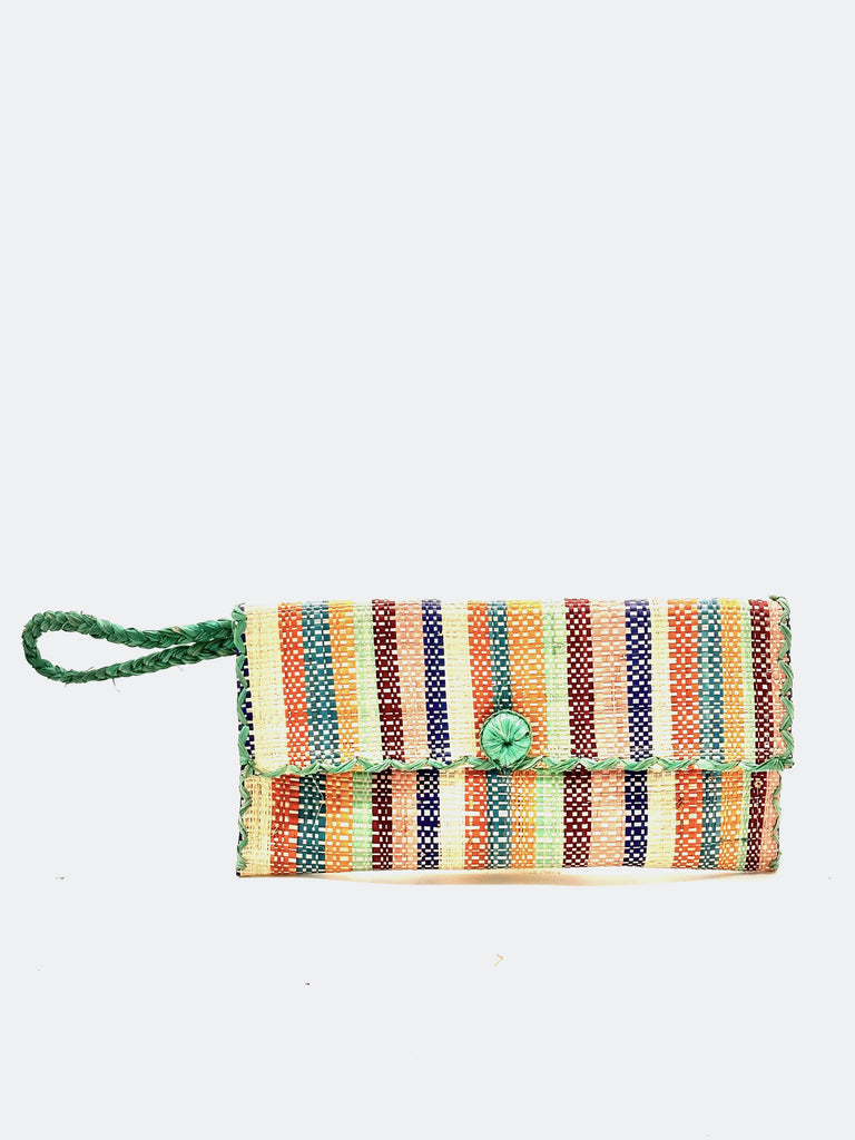 ChiChi Taffy Stripe Multicolor Straw Clutch Bag handmade loomed raffia palm fiber wristlet in multi-width bands of turquoise blue, saffron yellow, navy blue, natural straw color, bordeaux red, seafoam blue/green, blush orange/pink, coral orange/red, etc. that create a vertical stripe pattern with seafoam color cross stitch edging, button & loop closure, and braided wrist strap - Shebobo