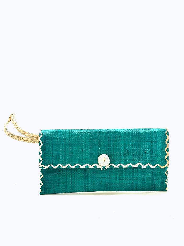 ChiChi Teal Straw Clutch Bag handmade loomed raffia palm fiber wristlet in teal blue/green color with natural straw color cross stitch edging, button & loop closure, and braided wrist strap - Shebobo