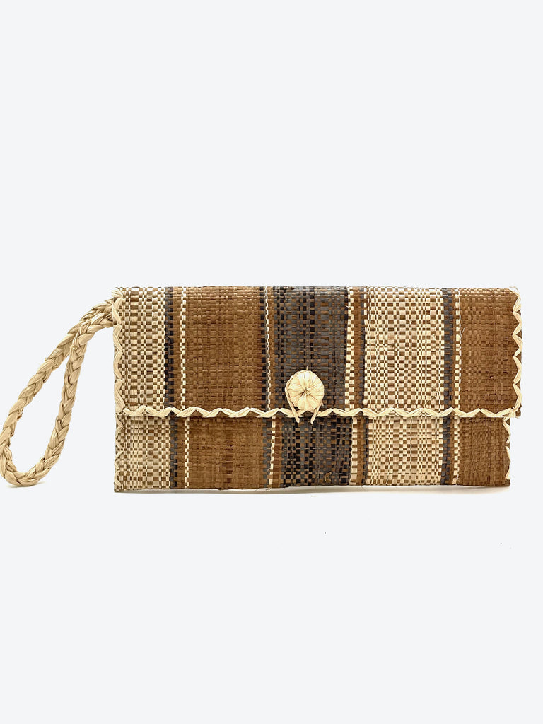 ChiChi Cinnamon Swirl Multicolor Straw Clutch Bag handmade loomed raffia palm fiber wristlet in multi-width bands of cinnamon/tobacco/brown, grey, and natural that create a vertical stripe pattern with natural straw color cross stitch edging, button & loop closure, and braided wrist strap - Shebobo