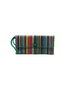 ChiChi Turquoise Stripe Multicolor Straw Clutch Bag handmade loomed raffia palm fiber wristlet in multi-width bands of turquoise blue, saffron yellow, grey, navy blue, natural, fuchsia pink, lime green, black, coral orange red, etc. that create a vertical stripe pattern with turquoise color cross stitch edging, button & loop closure, and braided wrist strap - Shebobo