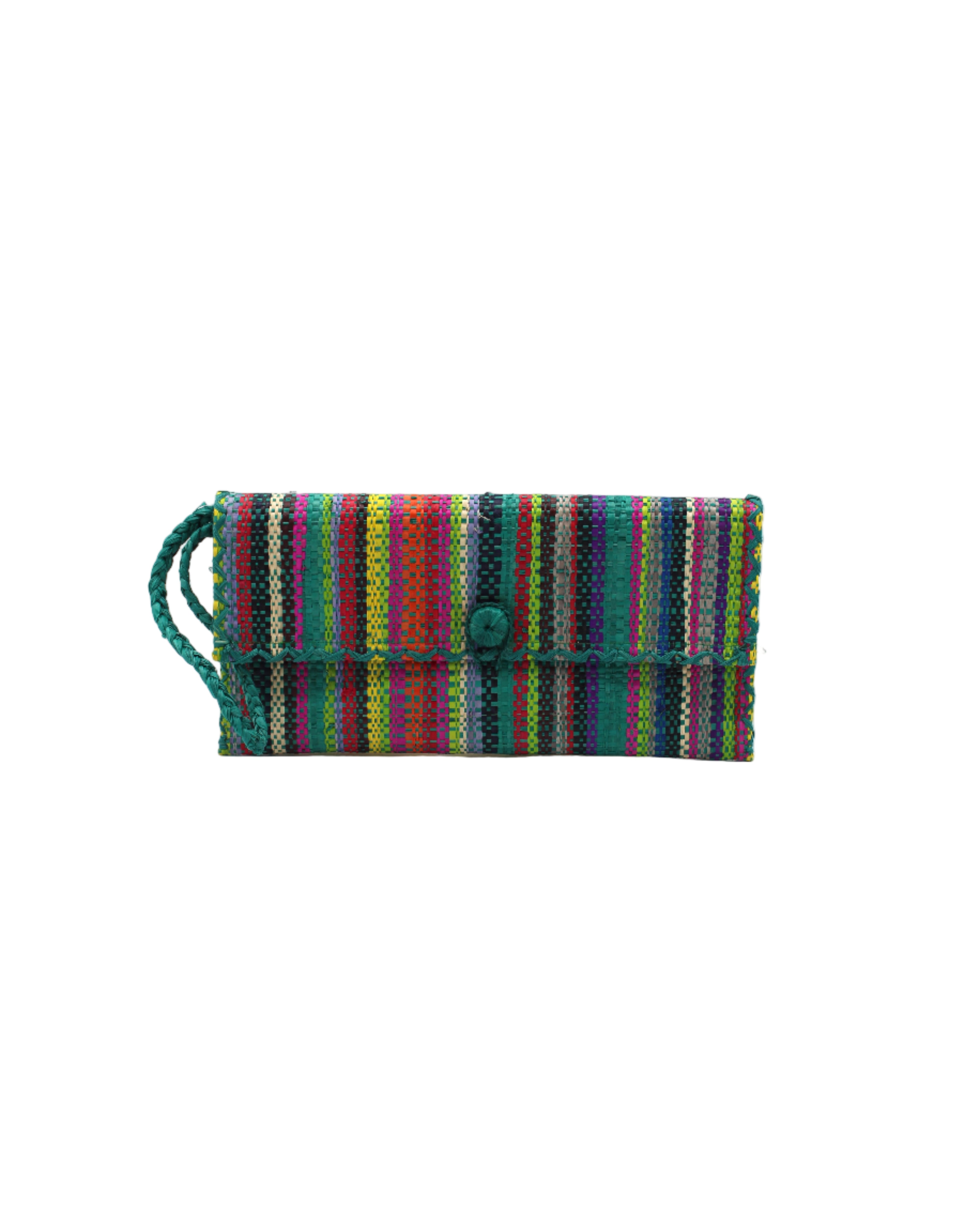 ChiChi Turquoise Stripe Multicolor Straw Clutch Bag handmade loomed raffia palm fiber wristlet in multi-width bands of turquoise blue, saffron yellow, grey, navy blue, natural, fuchsia pink, lime green, black, coral orange red, etc. that create a vertical stripe pattern with turquoise color cross stitch edging, button & loop closure, and braided wrist strap - Shebobo