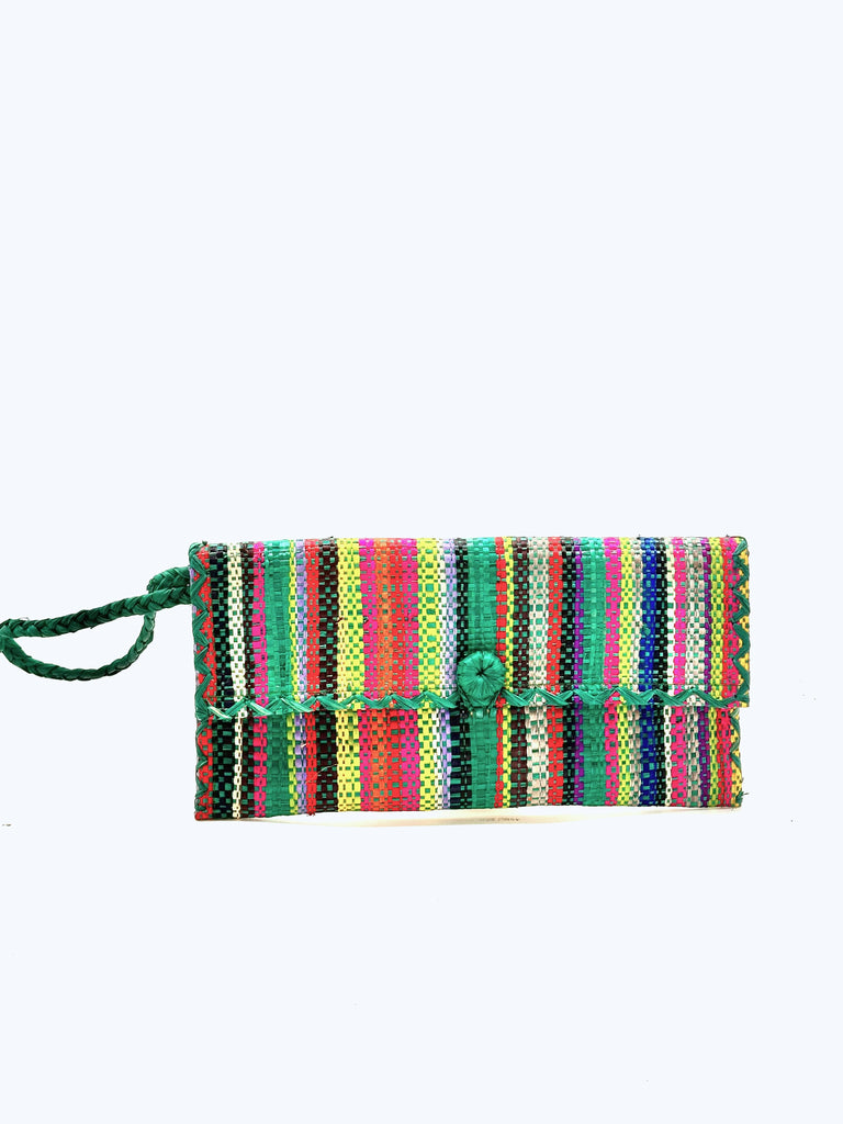 ChiChi Turquoise Stripe Multicolor Straw Clutch Bag handmade loomed raffia palm fiber wristlet in multi-width bands of turquoise blue, saffron yellow, grey, navy blue, natural, fuchsia pink, lime green, black, coral orange red, etc. that create a vertical stripe pattern with turquoise color cross stitch edging, button & loop closure, and braided wrist strap - Shebobo