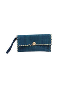 ChiChi Turquoise Straw Clutch Bag handmade loomed raffia palm fiber wristlet in turquoise blue color with natural straw color cross stitch edging, button & loop closure, and braided wrist strap - Shebobo