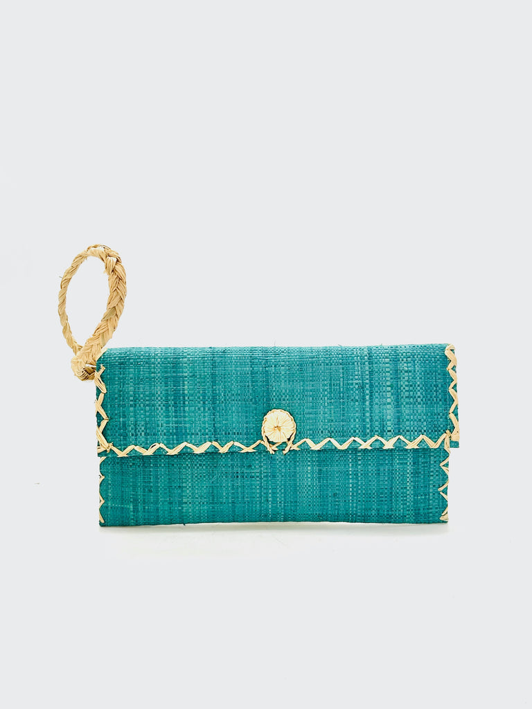 ChiChi Turquoise Straw Clutch Bag handmade loomed raffia palm fiber wristlet in turquoise blue color with natural straw color cross stitch edging, button & loop closure, and braided wrist strap - Shebobo