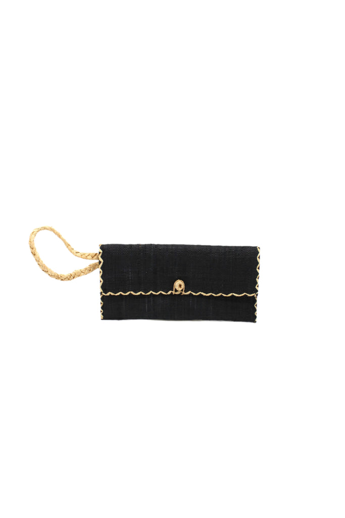 ChiChi Black Straw Clutch Bag handmade loomed raffia palm fiber wristlet in black color with natural straw color cross stitch edging, button & loop closure, and braided wrist strap - Shebobo