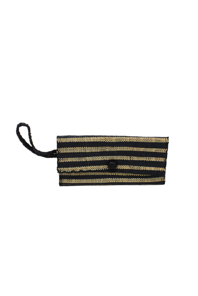 ChiChi Black Two Tone Stripe Multicolor Straw Clutch Bag handmade loomed raffia palm fiber wristlet in even-width bands of black and natural straw color that create a horizontal stripe pattern with matching color cross stitch edging, button & loop closure, and braided wrist strap - Shebobo