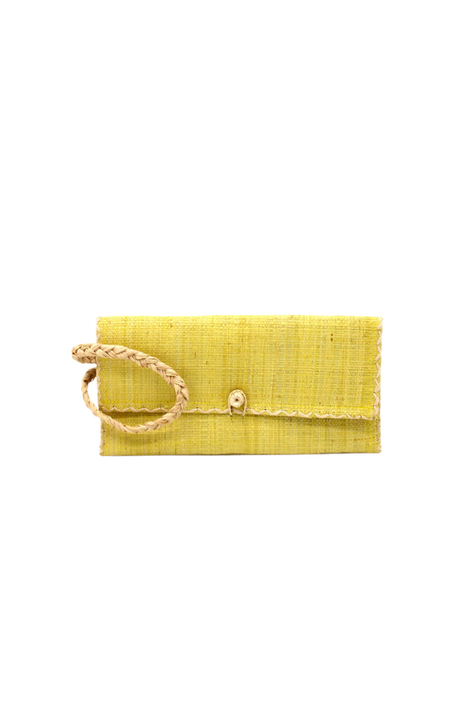 ChiChi Butter Straw Clutch Bag handmade loomed raffia palm fiber wristlet in butter light/yellow color with natural straw color cross stitch edging, button & loop closure, and braided wrist strap - Shebobo